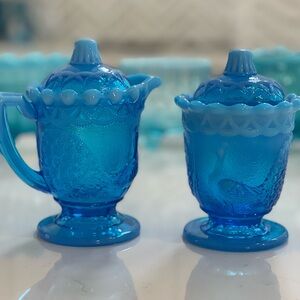 Westmoreland Vintage Blue Glass Peacock Creamer and Sugar Set